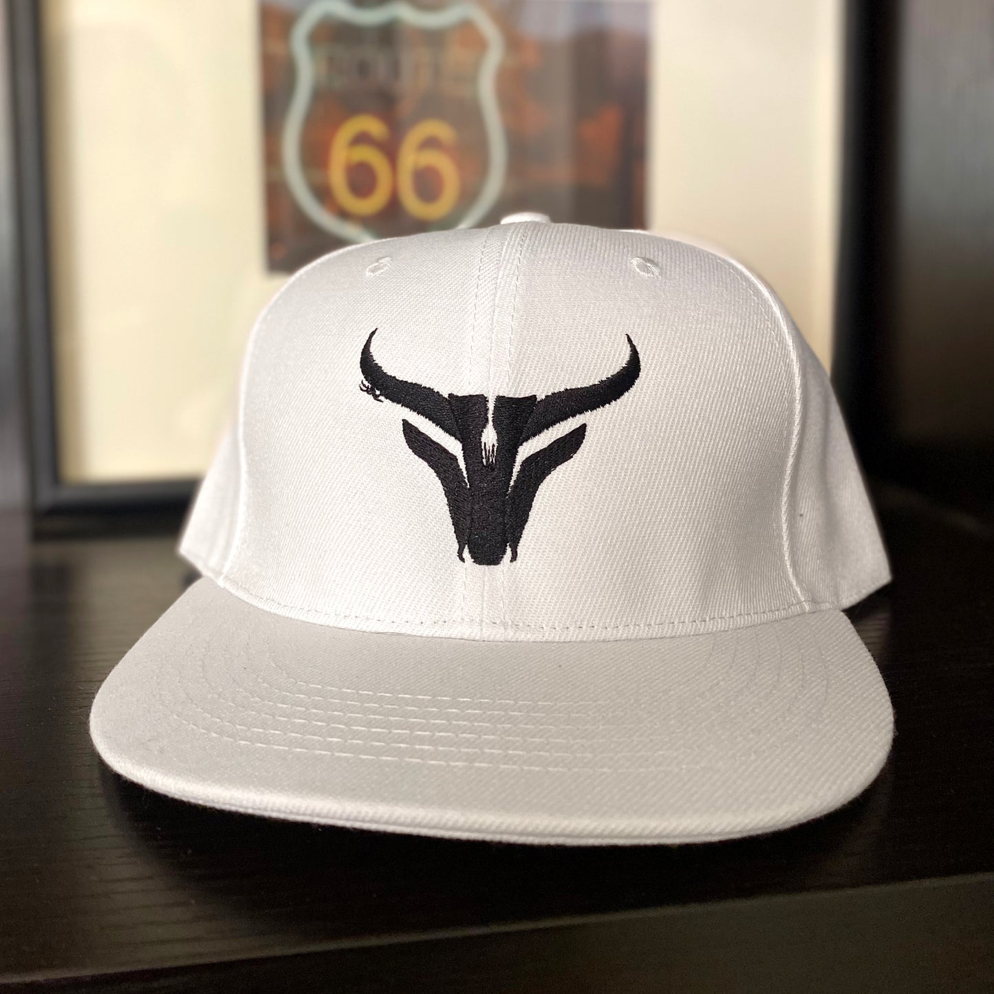 Embroidered Flat Bill Snapback Hat - White