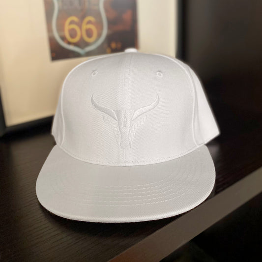 Embroidered Flat Bill Snapback Hat - White Tone on Tone